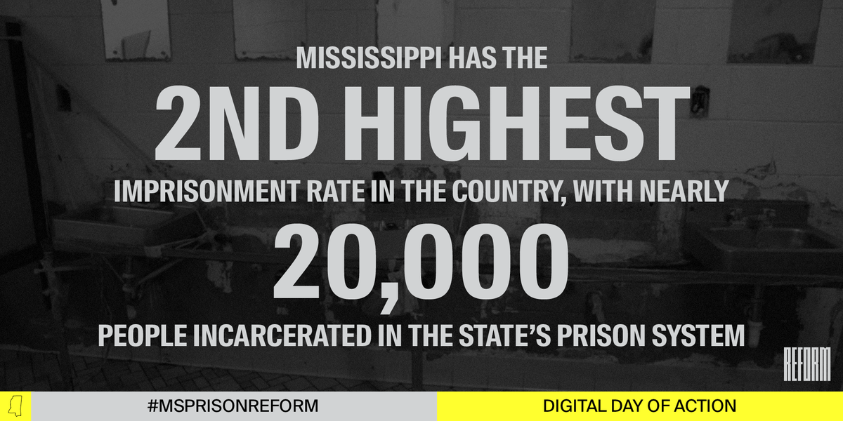 REFORM's tweet photo. Mississippi has the 2nd HIGHEST incarceration rate in the country. Prisons are cramped, underfunded, and unsafe for everyone who lives and works there. Together, we can fix this.
Tell MS lawmakers to pass #SB2123: https://t.co/WQRgFTleq2 #MSPrisonREFORM https://t.co/ejDz6c9rR2