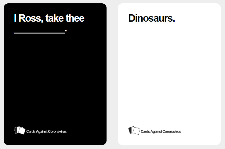 cardsagainstcv's tweet photo. We were on a break, but we're back! And you can now play The One With All The Cards (the @FriendsTV Edition of #CardsAgainstHumanity) online for free at https://t.co/zQeVgkzqYa #PlayApartTogether  #SmellyCat https://t.co/rjBgNdcxJQ