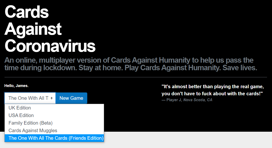 cardsagainstcv's tweet photo. We were on a break, but we're back! And you can now play The One With All The Cards (the @FriendsTV Edition of #CardsAgainstHumanity) online for free at https://t.co/zQeVgkzqYa #PlayApartTogether  #SmellyCat https://t.co/rjBgNdcxJQ