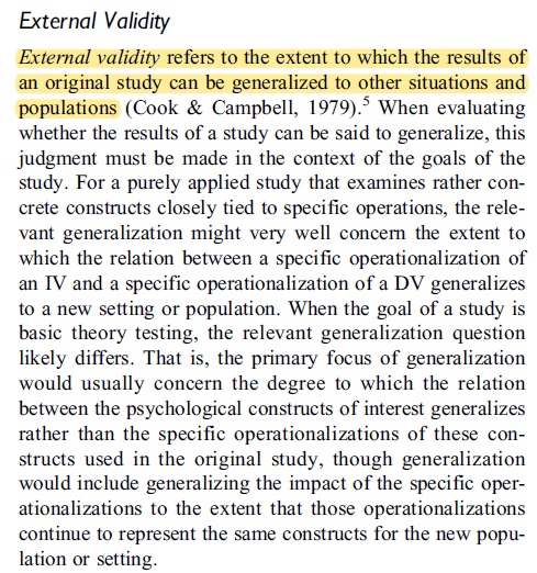 Lastly, external validity -- how well do effects generalize across situations, contexts, or populations?I would argue this is a huge point. If an effect only occurs in a niche sample, then what is the practical utility of the knowledge, generally speaking? 14/