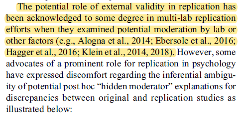 This is a sly way to just slide past all the high-powered, large scale replication efforts that show that "hidden moderators" and lab effects seem to play a minimal role in replication failures.Also, "advocates for prominent role of replication in psych". okk.17/