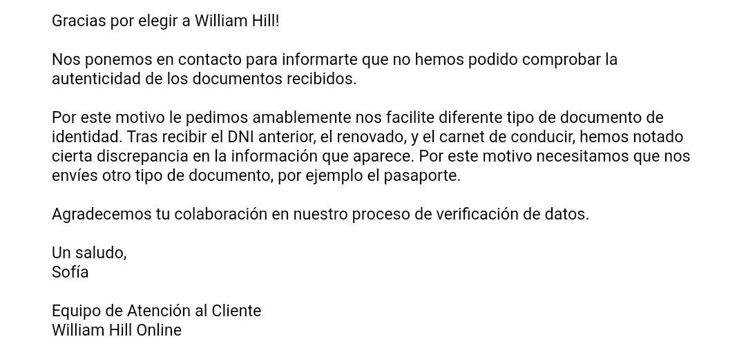 RoxBets24's tweet photo. @WilliamHillES ya que no respondéis y os cagais, que todo el mundo se entere de lo que hacéis. DNI ANTIGUO, DNI RENOVADO, CARNÉ DE CONDUCIR

Y no os vale ya que decís que hay discrepancia en la información, cuando en los tres es todo lo mismo. Y pedís el pasaporte. VERGONZOSO https://t.co/yBgADnMdOO