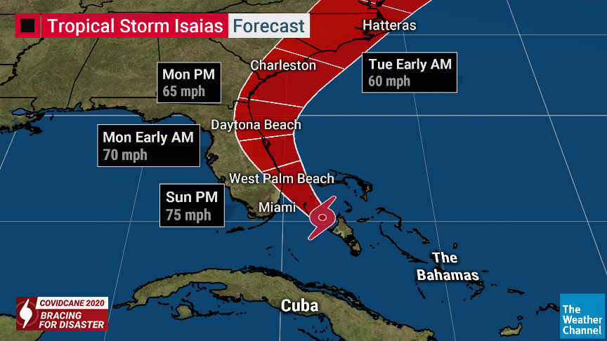 weatherchannel's tweet photo. #Isaias weakens to a Tropical Storm. However, it is expected to re-strengthen to a hurricane as it approaches the southeast coast of Florida.

Our LIVE coverage continues throughout the evening. https://t.co/74rrnSYCxx