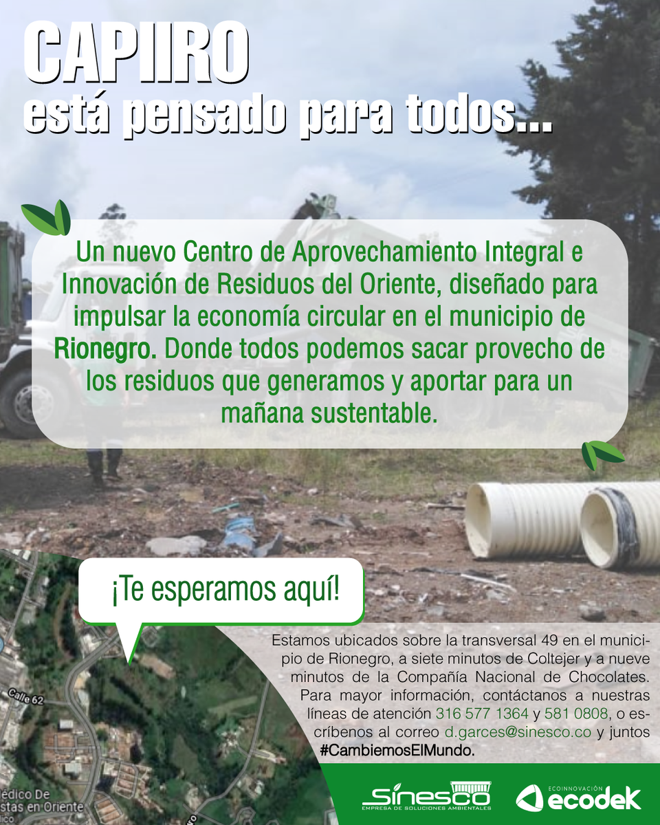 Sinesco_SAS's tweet photo. ¡Aportamos al futuro del #OrienteAntioqueño! En Sinesco nos ocupamos de #transformar residuos en nuevas #oportunidades; y ahora, podremos expandir esta misión al municipio de Rionegro, gracias nuestro Centro de #Aprovechamiento Integral e #Innovación de Residuos de Oriente. https://t.co/QjTmyuFmH0