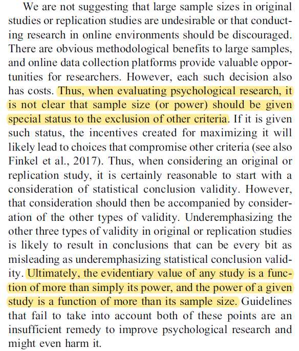 This hits on my point a few posts up. If you MUST reduce your sample size to an underpowered number to get the best measurement & replicate the original perfectly, what are the implications? Team science IMO shows it's possible to have high N and good studies. 22/