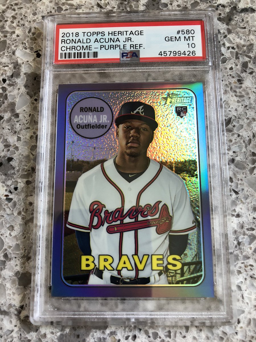 Last but definitely not least! PSA-10 2018 Heritage Purple Chrome Refractor of Ronald Acuna Jr! Shout-out to  @buddy_ammon for selling or trading (can’t remember) me this card back in the day If you aren’t following Jeff - DO IT!