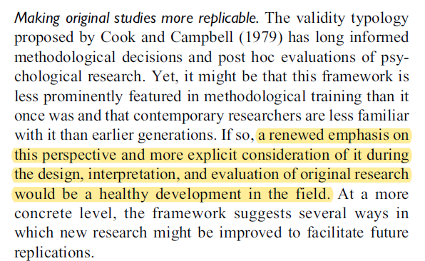 They suggest that the field needs to focus on making original research more replicable by focusing on these areas of validity. ..aren't we doing that? Is that not what  @OSFramework and  @improvingpsych are doing? It's not all just replications...23/
