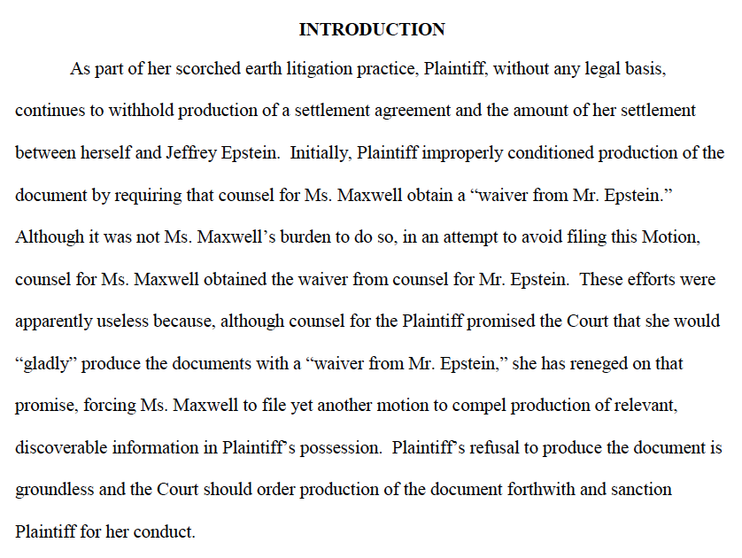 Virginia Giuffre had a settlement agreement with  #Epstein which was subpoenaed by  #GhislaineMaxwell