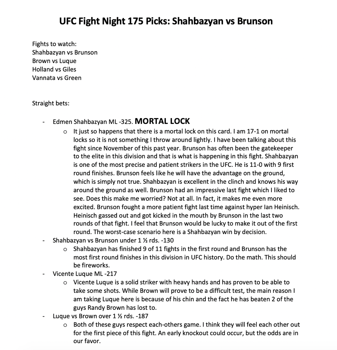 LORD_BETTOR's tweet photo. UFC Fight Night 175 Picks: Shahbazyan vs Brunson
#UFCFightNight #UFCPredictions #UFCVegas5 #bettorcallclarke #MORTALLOCK💰🔌💵 https://t.co/pydNsL2Jah