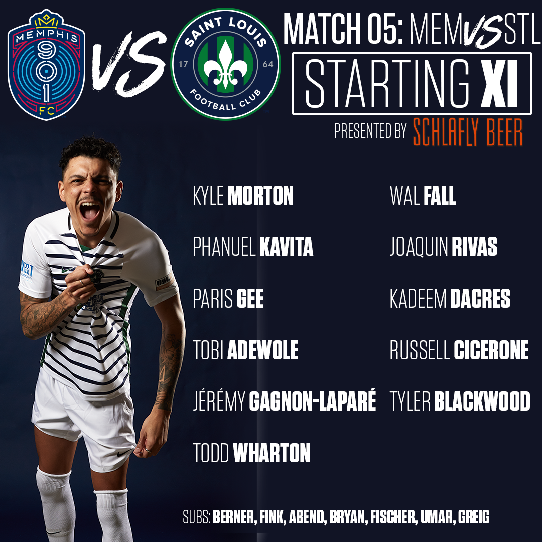 SaintLouisFC's tweet photo. Only one change from our win on Sunday in the @Schlafly Starting XI tonight as we face @Memphis901FC at 7:30pm CT! ๐ช #MEMvSTL https://t.co/Xe2PKWxRQf