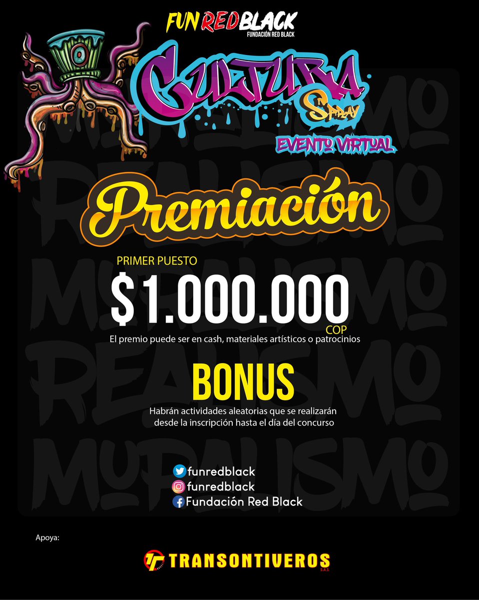 funredblack's tweet photo. CONVOCATORIA PÚBLICA 

1, 2 y 3 Artistas Urbanos... PRESENTES

Inscríbete, participa y demuestra al mundo tu talento.

1er Gran Evento de la comunidad RedBlack

#ElGraffitiEsArteUrbano
#CulturaSpray
#FunRedBlack
#FunRedBlackEsInclusión
#PersíguenosEnRedes https://t.co/BC50lbTKqP
