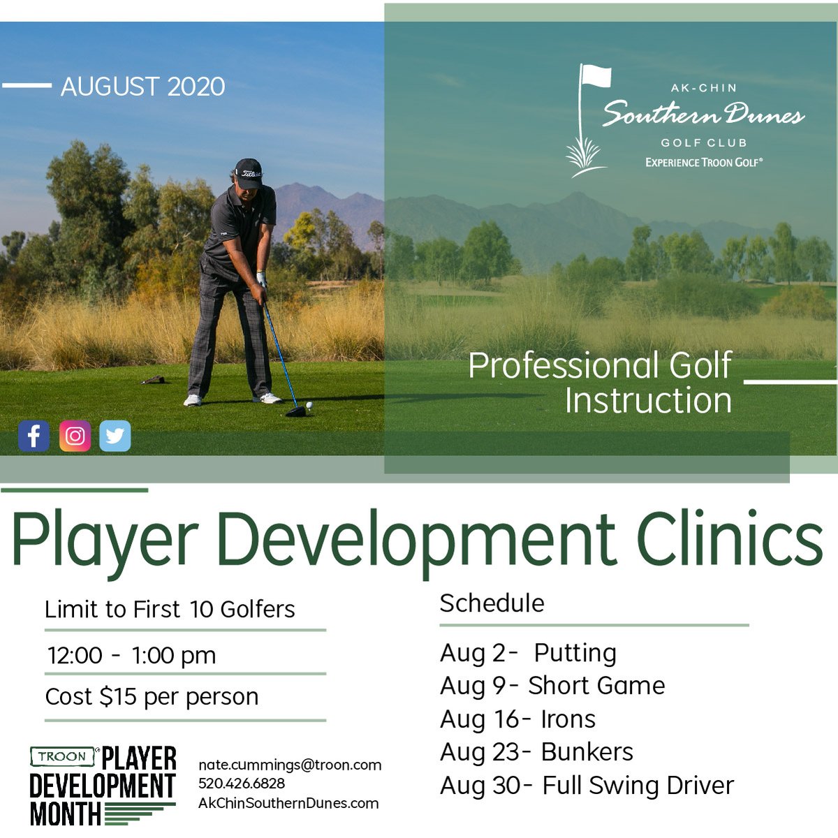 AkChin_SoDunes's tweet photo. August is Player Development Month!
We want to encourage golfers of all abilities. All ages are welcome. The goal is to have fun while learning and growing the game of golf!
☝️ First availability to 10 people
⌚️ Starting at noon
💰 Cost $15
#Troon #PlayerDevelopmentMonth https://t.co/v2Ls4oqoYO