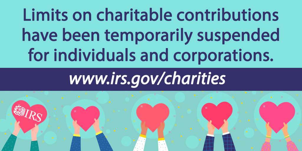 IRSnews's tweet photo. Individuals and corporations can now carry over to the next year charitable contributions that exceed the AGI limitation. The contribution must be:
•cash, 
•made to a qualifying organization, and 
•made during calendar year 2020 
https://t.co/nsn8ZOQZsi #COVIDreliefIRS #IRS https://t.co/4j4atvYYgB