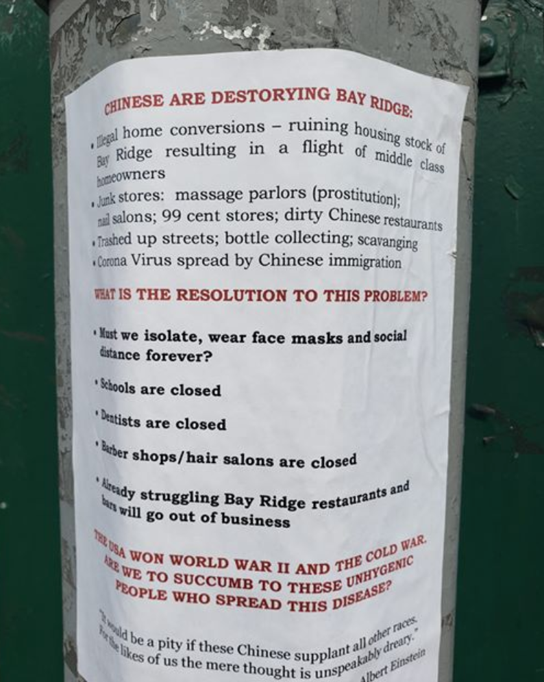 racism against asians is rampant, especially during this pandemic. in june, anti-chinese posters were displayed in a neighborhood near the crime scene. our president calls covid-19 the chinese virus & the kung flu, even though WHO officials warned against these stigmatizing names