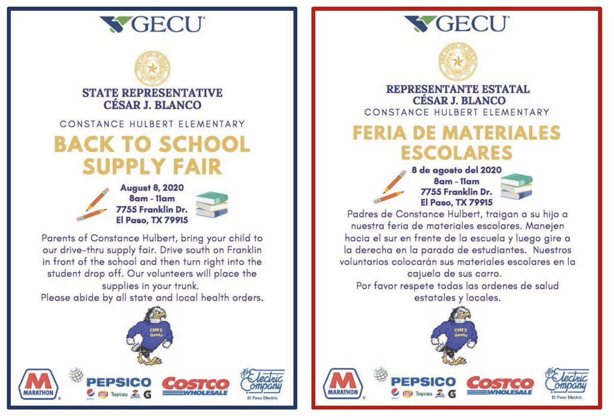 hawks_ches's tweet photo. Attention CHES parents, Two great community leaders, GECU and State Representative Cesar J. Blanco have teamed up to host a Back to School Supply Fair at Constance Hulbert for our students. Parents hope to see you there! @James_McIntyre5 @SophiaVFierro1 https://t.co/oc5L4YyD0z