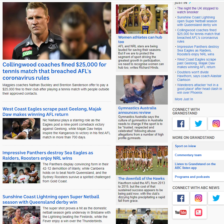 Hallelujah! We have finally spotted the rare  #WomenInSport piece in the wilds that are the Australia sports media sunday splashes, thank you  @abcnews  @abcgrandstand  3/111. Women athletes can hub too  https://www.abc.net.au/news/2020-07-31/women-sport-returns-super-netball-can-hub-too/12507872?section=sport.../