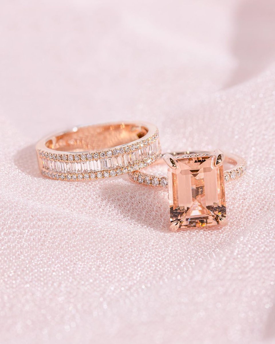 PBrideDiamonds's tweet photo. Shelby Emerald Morganite Engagement Ring and Petite Baguette and Pavé Diamond Ring 🍑💍✨🥰 #shelbyring #morganitering #petitebaguetteanddiamond https://t.co/jKNDyKXXS3