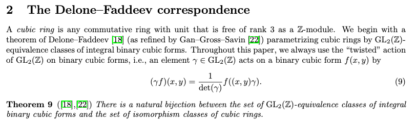It turns out that this is actually true *over the integers* as well! To every binary cubic form with integral coefficients, we can associate a free ring of rank 3 over ℤ and forms yield the same ring iff they are GL_2(ℤ) equivalent