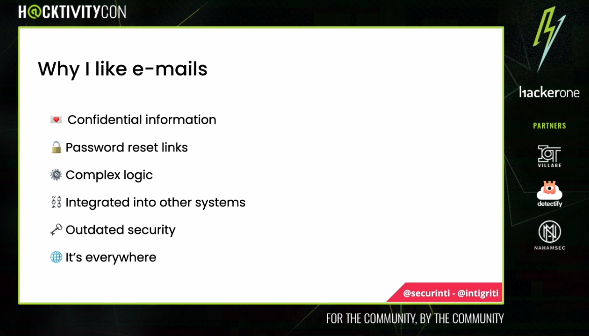 NahamSec's tweet photo. .@securinti is presenting: You’ve Got Pwned: Exploiting E-mail Systems right now at #hacktivitycon2020! https://t.co/J0oDzPrEEG https://t.co/R0gf0woIAB