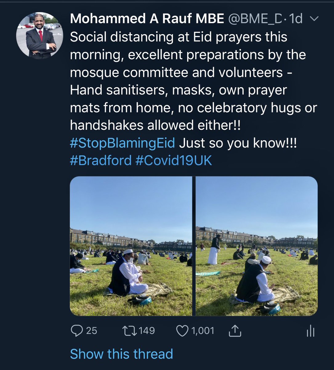 BME_Dementia's tweet photo. What is Great about Britain? It’s generous, welcoming and big-hearted everyday people. I was annoyed yesterday with the anti-Muslim sentiment re Eid and Covid. I posted a photo of our Eid prayers - over 1000 likes - mainly by non-Muslims. Humbled and thankful for good souls. https://t.co/OT3lbYuArr