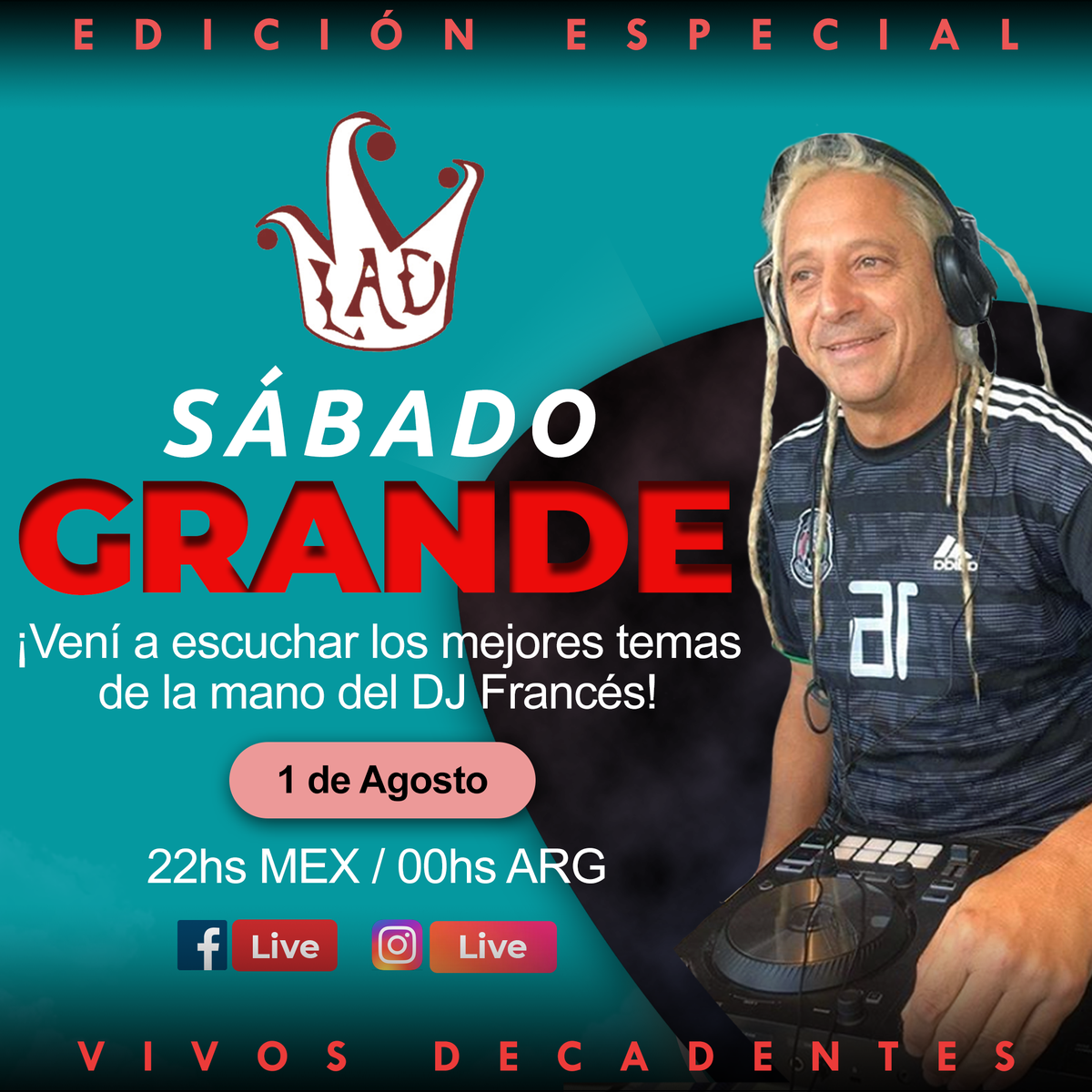 LADecadentes's tweet photo. Nuevo fin de semana, nuevo #SábadoGrande 🔥 Esta noche los espera el Francés con música y buena onda. En esta edición vamos a estar recordando nuestros shows en vivo! 

Vení a ponerle onda y bailar en el Zoom:
https://t.co/Tx4YfsKg7s
Meeting ID: 944 278 7679
Password: 131986 https://t.co/tdqcItVCkS