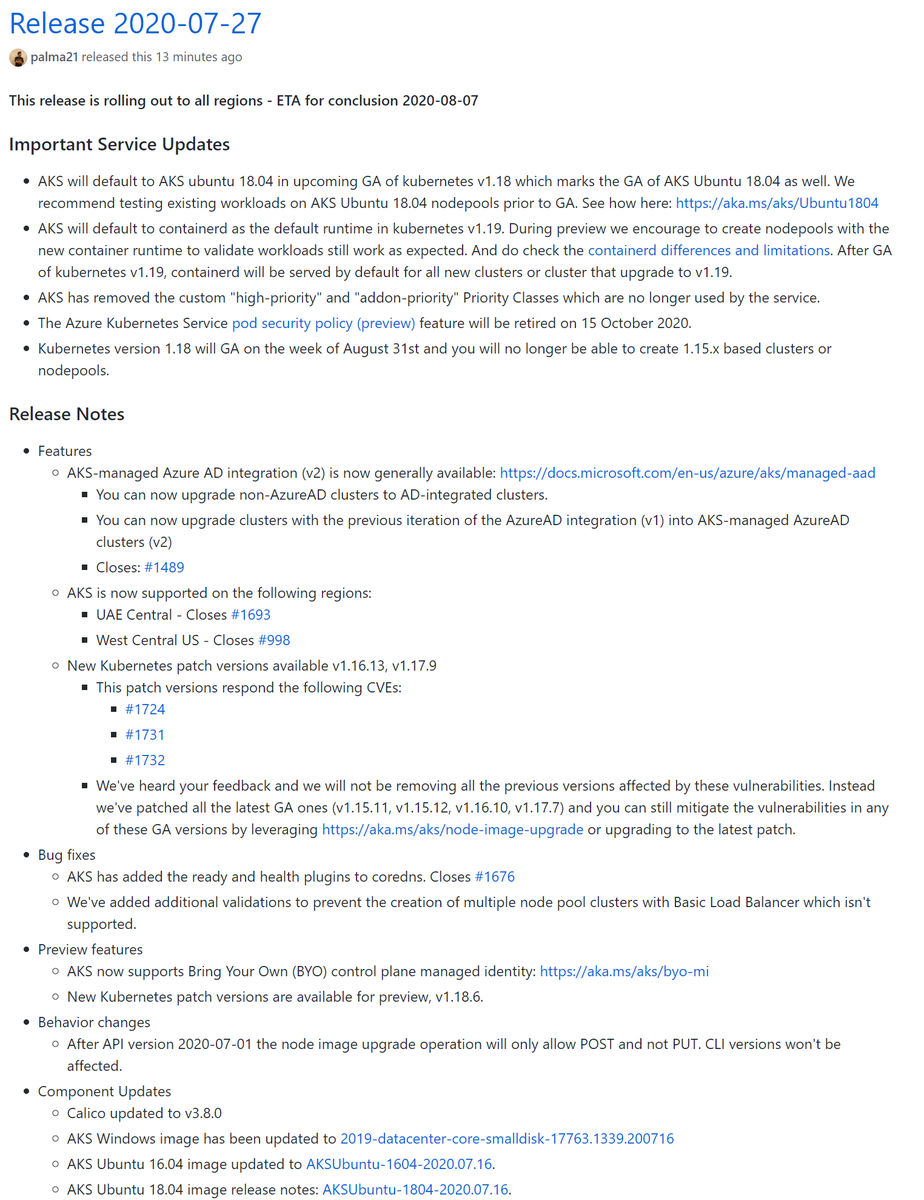 jorgefpalma's tweet photo. Sorry we've been a little quiet, we're using summer to plow through some eng backlog but here's this week's release:

* AKS-Managed AAD integration GA
* New Regions (UAE Central, West Central US)
* New k8s patches
* BYO Managed Identity
* and more!
https://t.co/MbHtYZPmtb https://t.co/ExozmhC0ek