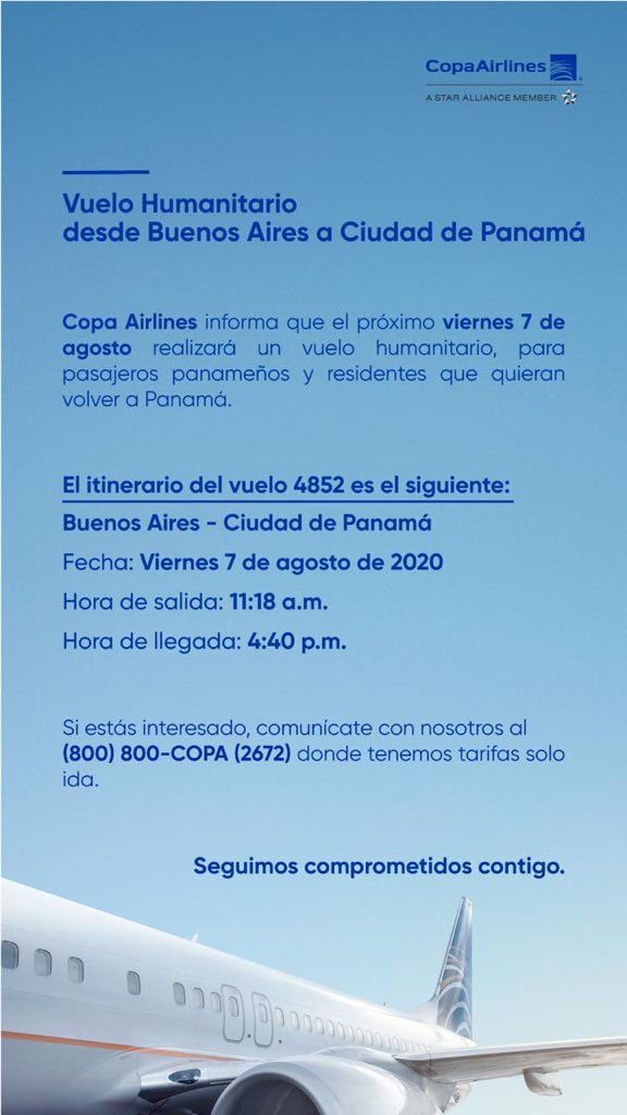 CopaAirlines's tweet photo. IMPORTANTE: Información sobre próximo vuelo humanitario desde Buenos Aires hacia Panamá. Pasajeros interesados, favor contactarnos a nuestro centro de reservaciones al (800)800-2672 https://t.co/ZAyHTWu02y