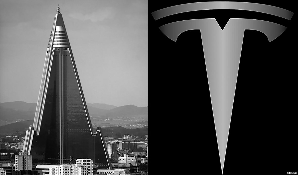 On The Left Is The Ryugyong Hotel In Pyongyang, North Korea. We Believe This Never-Completed Building Was The 'Asia' Clown HQ, And Where Google's Eric Smcmit Set Up Secret Comms. Servers For Barry Soetoro And His Most Trusted Psychopaths. On The Right Is The Tesla Motors Logo.