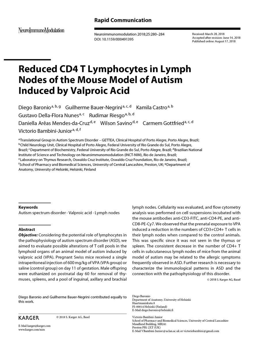Rapid Communication: Reduced CD4 T Lymphocytes in Lymph Nodes of the Mouse Model of Autism Induced by Valproic Acid. Neuroimmunomodulation. | Author: <a href="/SavinoWilson/">Wilson Savino</a> <a href="/CarmemGottfried/">Carmem Gottfried</a> | <a href="/EndoKarger/">Endocrinology | Karger</a> <a href="/KargerPublisher/">Karger Publishers</a> 
#ASD #LymphNodes #ValproicAcid #Autism
doi.org/10.1159/000491…
