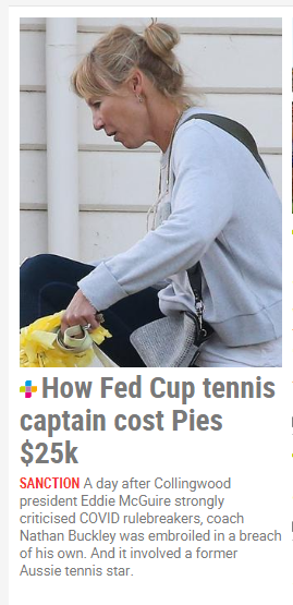 Odious framing in the  @theheraldsun 1. How the hell is an Alicia Molik invitation the fault of AFL dudes shitty judgement?2. Unflattering shot for the hero?3. No name in either title or blurb?How Fed Cup tennis captain cost Pies $25k  https://www.heraldsun.com.au/sport/afl/teams/collingwood/afl-covid19-breaches-collingwood-under-investigation/news-story/f65e942f43bd54b159e111ffcc87c34b