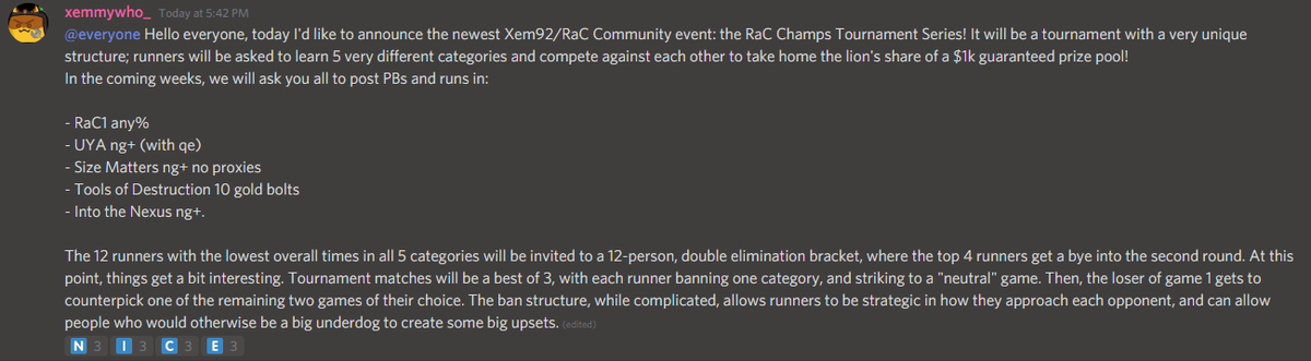 Xemmypoo's tweet photo. Announcing the latest Ratchet and Clank speedrunning community event: a 12-man, 5-game, double elimination tournament with a $1k guaranteed prize pool! You can read the details here yourself. I'm so excited to be able to work with the rac mod team on such an ambitious project. https://t.co/vWouXa62jr