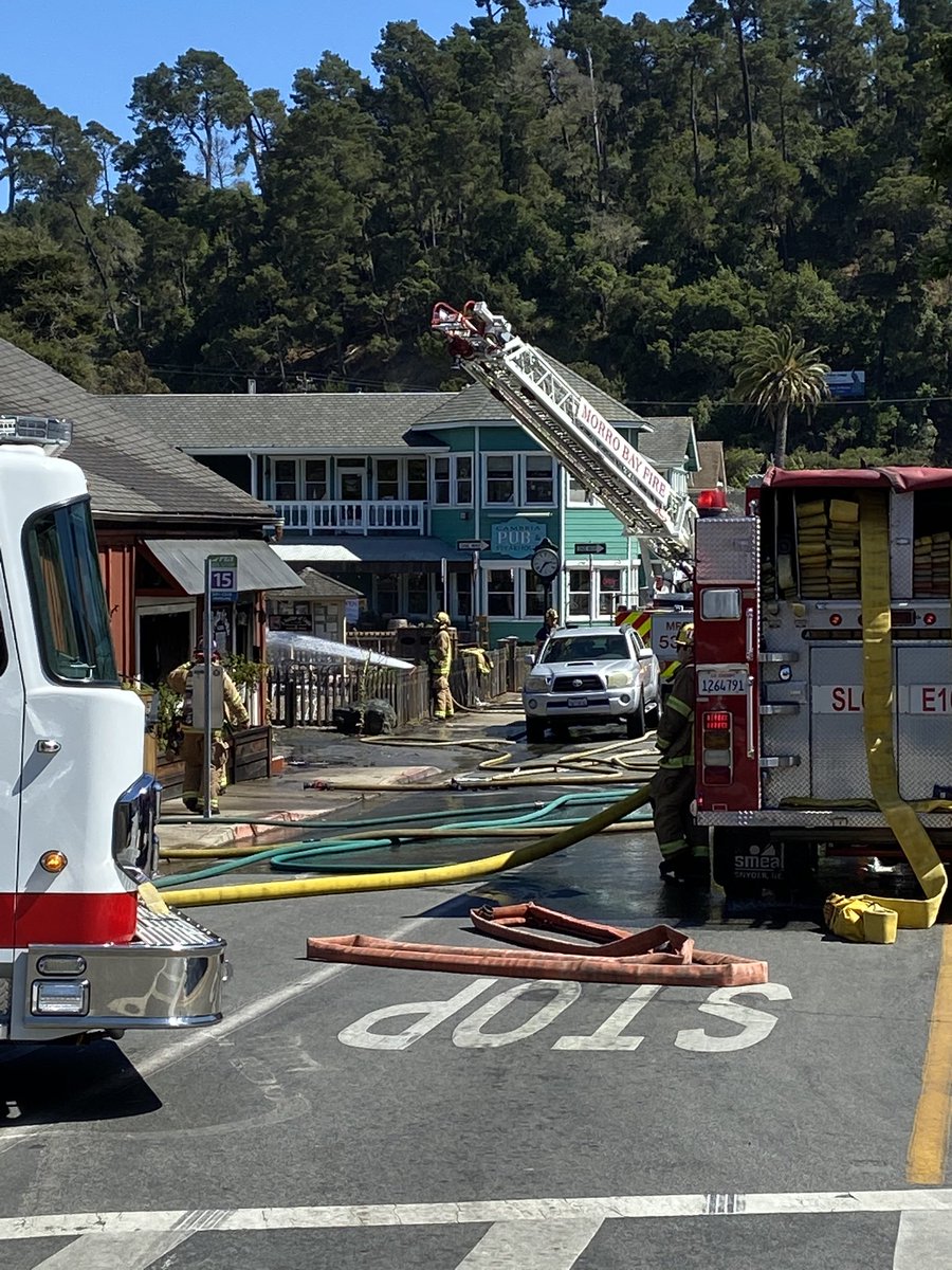 MorroBayFire's tweet photo. MB Fire Responded with Ladder Truck 5341 and Chief Officer to Cambria to provide mutual aid for a 2- Alarm with a vehicle in the building shearing a natural gas line. Fire crews will remain on scene for 2 more hours securing the scene. #MutualAidWorks. https://t.co/iQWe2WtKTH