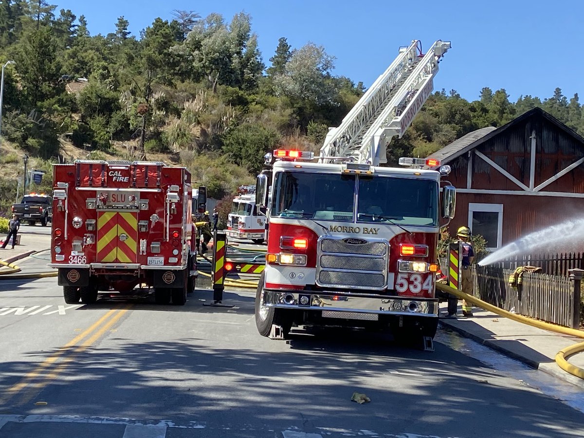MorroBayFire's tweet photo. MB Fire Responded with Ladder Truck 5341 and Chief Officer to Cambria to provide mutual aid for a 2- Alarm with a vehicle in the building shearing a natural gas line. Fire crews will remain on scene for 2 more hours securing the scene. #MutualAidWorks. https://t.co/iQWe2WtKTH