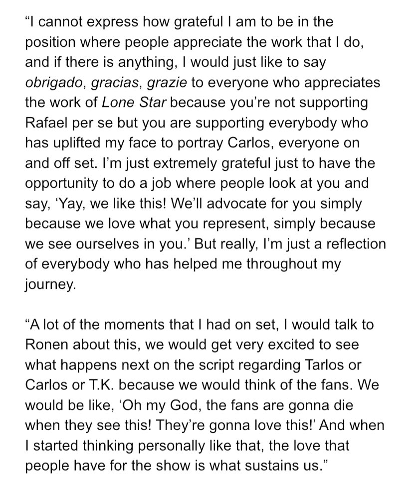 Finally, I asked  @ActuallyRafa if he had a message for his fans, who have remained extremely supportive throughout the entire process of shooting and airing  #911LoneStar.Here was his response: