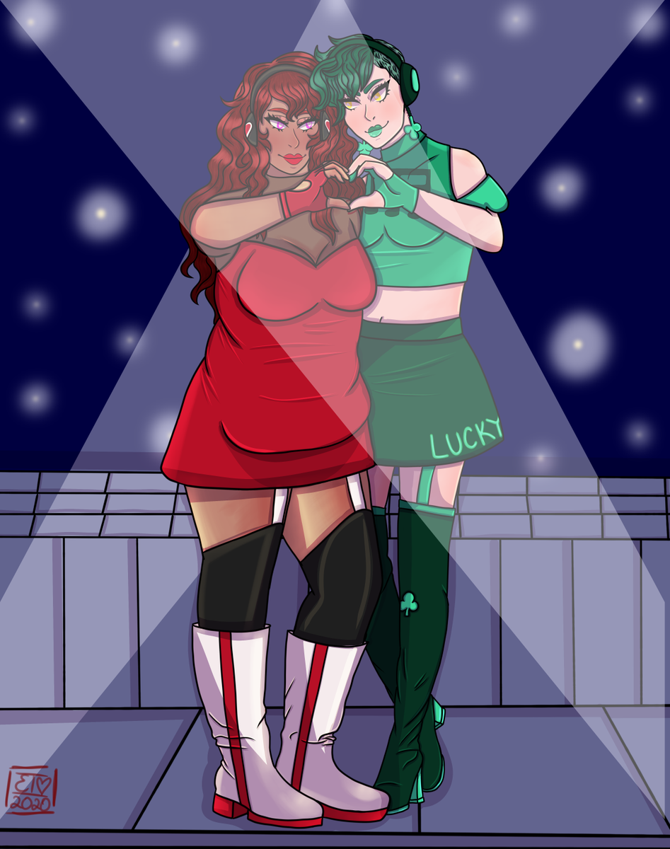 arcanebat's tweet photo. Attack on @ravenros2 of her adorable character Amore! Featuring @chasetrickstar 's character Calico! I love Vocaloid a lot and I wanted to draw more plus size characters so these were perfect! #fanloids #ocfanart https://t.co/idsaXxHvFQ