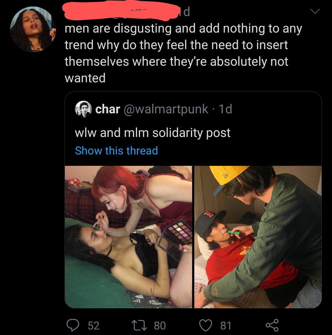 I hate to make this argument, but maybe saying "men bad" in activist spaces (as opposed to safe spaces), where left leaning people can be turned onto the idea that a specific group of people who DID NOT CHOOSE THEIR FUCKING GENDER is the reason for all their pain.