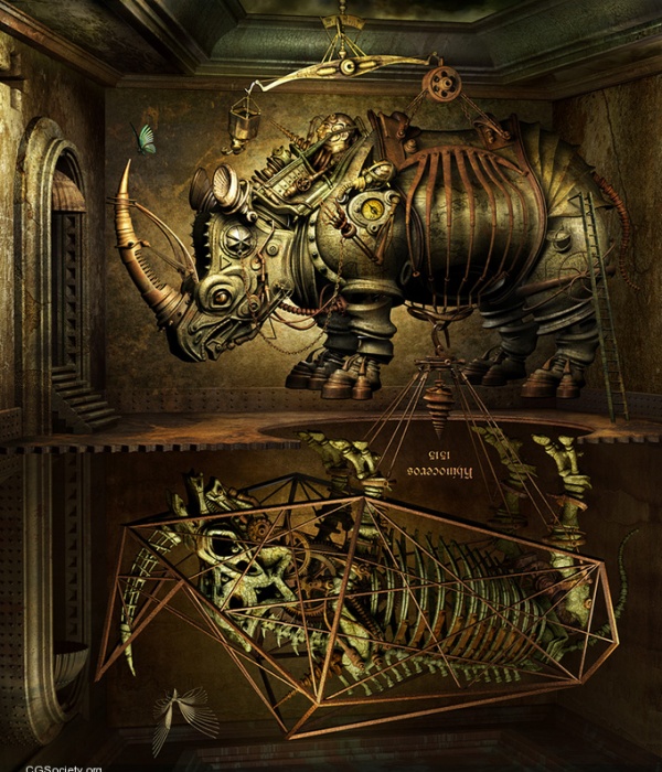 0121. Cyborg steampunk rhinoceros suspended in mid-air over an enchanted mirror that shows its inner workings, which you can reach into and directly fiddle around with. Project of dwarven engineers looking for a way to take down the elephant wizard.