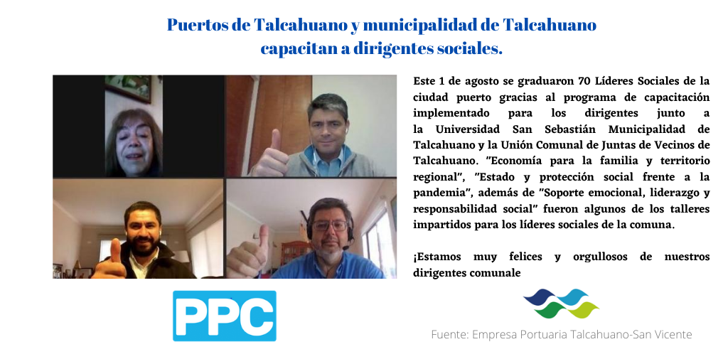 CorporacionPPC's tweet photo. #PuertoParaCiudadanos:  Puertos de Talcahuano y municipalidad de Talcahuano capacitan a dirigentes sociales de la mano de USS Concepción. 

Las actividades educativas permitió a 113 beneficiarios conocer sobre las medidas preventivas de contagio por #Covid_19 .

#GentePuerto https://t.co/xLhd1FNnjg