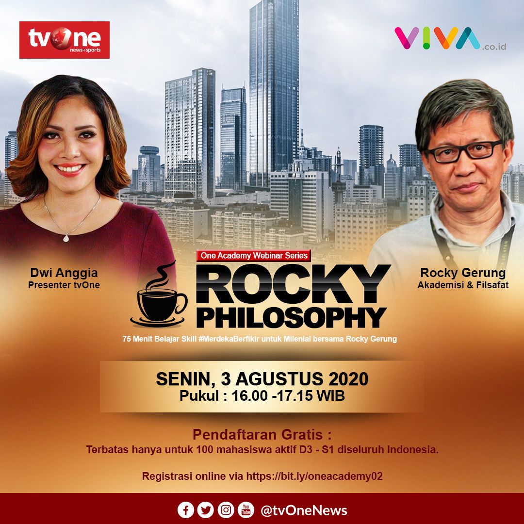 VIVAcoid's tweet photo. 75 Menit belajar skill #MerdekaBerfikir untuk millenial bersama Rocky Gerung!
Yuk ikuti webinar "Rocky Philosophy"
Senin 3 Agustus 2020
Pukul: 16.00-17.45 WIB
Daftar segera! ---> https://t.co/x0PdsvQknT
@tvonenews
#BersatuUntukMaju #LivingTheNewNormal #WebinarMerdekaBerfikir https://t.co/RMFKmn1TEw