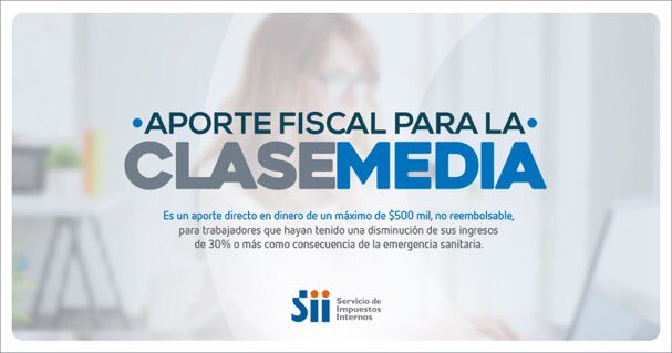 MinDesarrollo's tweet photo. Ya puedes solicitar el Aporte Fiscal para la Clase Media para trabajadores dependientes, empresarios individuales y trabajadores independientes, con ingresos formales promedio entre $400.000 y $2.000.000 mensuales en 2019 👩‍💼👨‍🔧
Más detalles en @SII_Chile 👉https://t.co/T7l7mtA4i9 https://t.co/Ttyi67hvkz