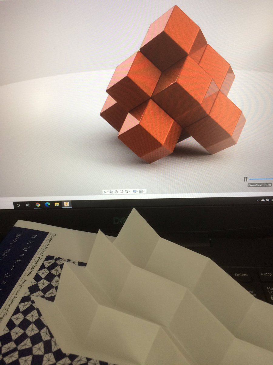 reisyu1's tweet photo. コンピュテーショナル・ファブリケーションを読みながらフィジカルでミウラ折りを折ったりデジタルで菱形十二面体を積んだりしている週末です
#Fusion360 #compfab https://t.co/jUuTQd30Pb