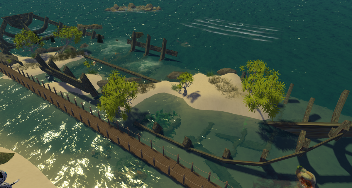 keawstudio's tweet photo. Scenery in a corner of The Elven Starship sim on #SecondLife. Created today. Only the pier is my model, the rest bought in the SL marketplace. Also has two sharks swimming around. https://t.co/0BI8NFb4j5