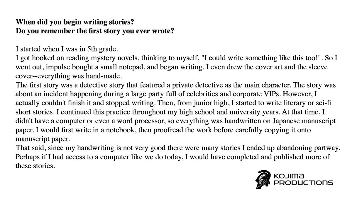 "Hideo's Musings"

Learn when and how Hideo’s story began as a storyteller, in today’s #HideoMusings -Aki

#HideoKojima
#DeathStranding 
#DeathStrandingPC

Steam bit.ly/SteamDS 
Epic Games bit.ly/EpicGamesDS
