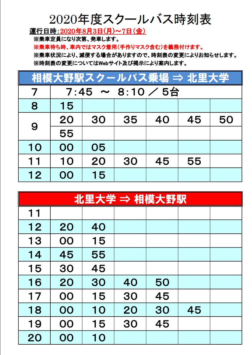 非公式 北里交通情報 Ver2 2 相模原 スクールバス運行情報 8月3日 月 からスクールバスの時刻表 が変更になります 7月の時刻表と比べて全体的に少し増便されています T Co 5vhvscbue9 非公式 北里交通情報 Ver2 2 相模原 スクールバス運行情報 8月3日 月 からスクールバスの時刻表 が変更になります 7月の時刻表と比べて全体的に少し増便されています T Co 5vhvscbue9