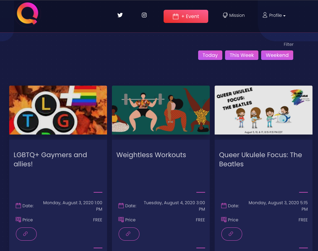 QueeeryHQ's tweet photo. Here are some of the Virtual Events listed on Queeery for next week. 

https://t.co/sklUhpRTz8

#LGBTQ #LGBTtech #queer #Queeery https://t.co/FL7pv0ZKbz