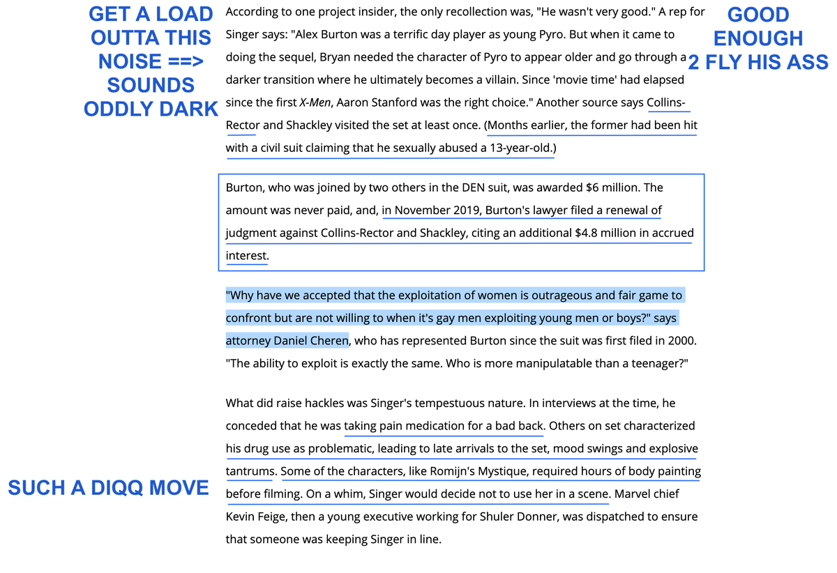 Mos earlier, Collins-Rector hit w civil suit 4 sexually abusing13-yo.Nov 2019,Burton's lawyer filedrenewal of judgmentagainst Collins-Rector + Shackley.In interviews at this time,Bryan Singer concededhe was taking pain medication 4 bad back https://www.hollywoodreporter.com/features/bryan-singers-traumatic-x-men-set-movie-created-a-monster-1305081