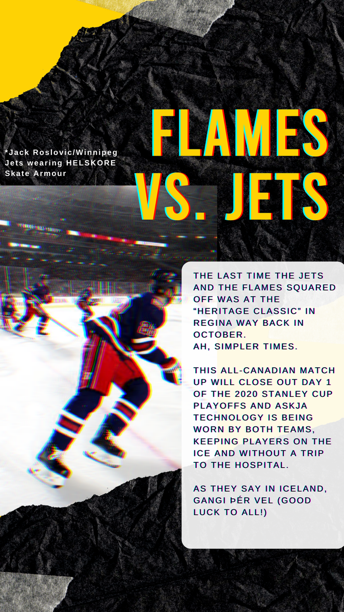 AskjaTech's tweet photo. The last time the Jets and the Flames squared off was @ the “Heritage Classic” in Regina back in October. This All-Canadian match up will close out Day 1 of the 2020 Stanley Cup Playoffs and ASKJA Tech is being worn by both teams, keeping them on the ice and out of the hospital. https://t.co/v4zsnR4XtQ