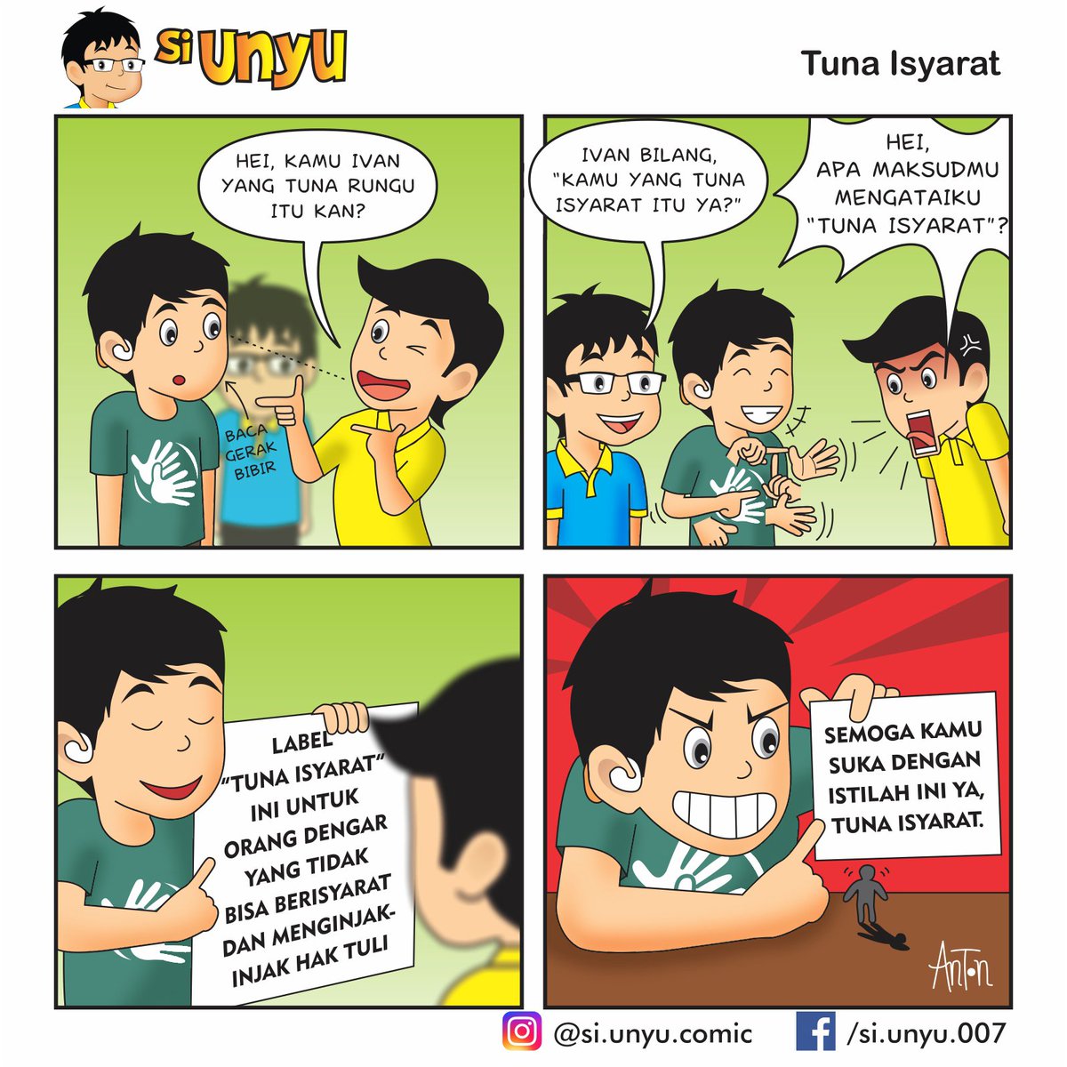 siunyucomic's tweet photo. Tuna isyarat.
Hey, ada yg pernah dengar istilah ini?
.
.
#unyucomic #siunyudantemantuli #budayatuli #ayobelajarbisindo #bahasaisyarat #bisindo #tuli #givesignlanguage #deaf #deafculture #comic #comics #komik #unyubisindo #webcomic #webcomics #comicstrip #TemanTuli #tunaisyarat https://t.co/Ks3J8Zbjou