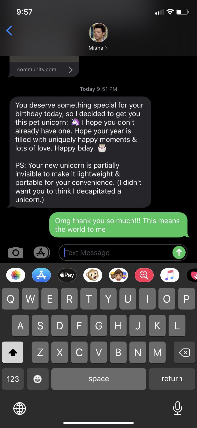 Don t you love it when Misha Collins texts you happy birthday 