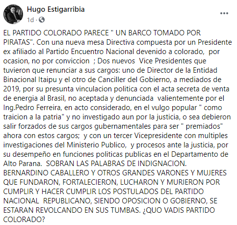 MiGranParaguay's tweet photo. "El Partido Colorado parece un barco tomado por piratas", ex Senador colorado y abogado constitucionalista Hugo Estigarriba https://t.co/8oQblCXww3